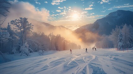 Winter sports on a winter holiday: snowboard, ski or cross-country ski through the cold, wintry winter landscape in sunshine or snowstorms