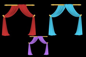 Set of beautiful, silk, velvet curtains. Decorative interior items, realistic curtains. Red curtains for a theatrical scene with highlights and shadows. illustration isolated.