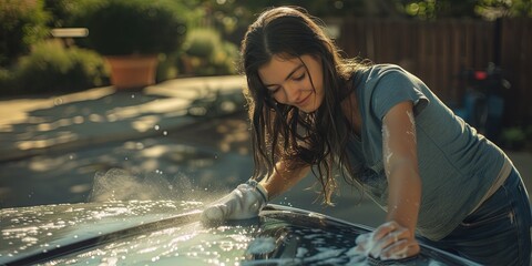 Young teenage girl washing car in the driveway of a house - obrazy, fototapety, plakaty