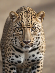 A leopard with black spots and white whiskers looks directly into the camera. ai generative