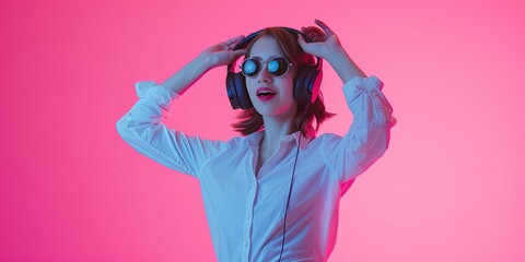 Woman wearing headphones and sunglasses, dancing on solid pink background for music and creativity lifestyle concept with blank copy space