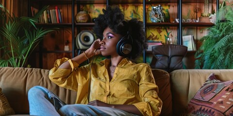 Obraz premium Woman laying on couch wearing headphones listening to podcast or music. lifestyle concept