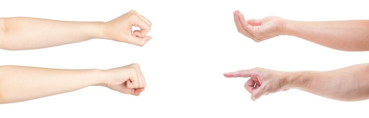 Group of Male asian hands gestures isolated over the white background. Many Action.