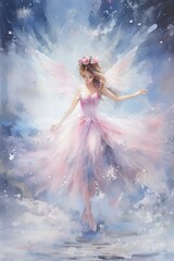 Illustration of a Fairy with magic dust on a grunge background with snow and floral edges, realistic watercolor style, pink blue background,