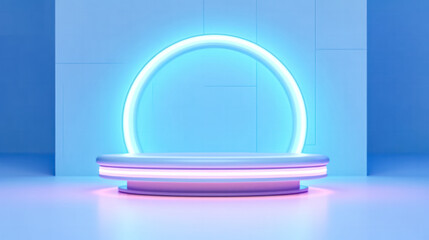 a cylinder podium and circle shape on a holographic neon colored background