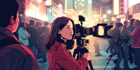 Female reporter with boots on the ground reporting on the scene of a major news story. Media and journalism concept