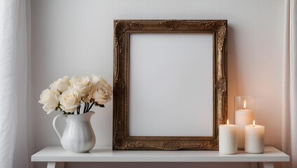 empty frame and flower vase with white background . mockup ideas