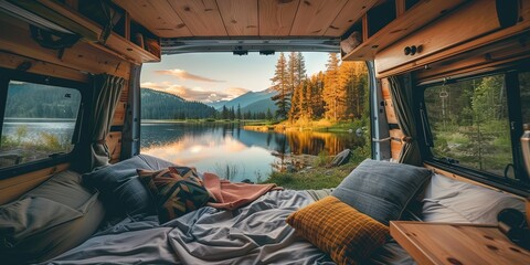 Living in a van down by the river. View from inside vandwelling - obrazy, fototapety, plakaty