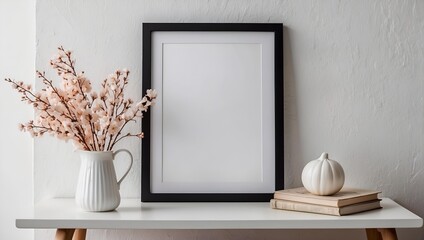 empty wooden frame and flower vase with white background . mockup ideas