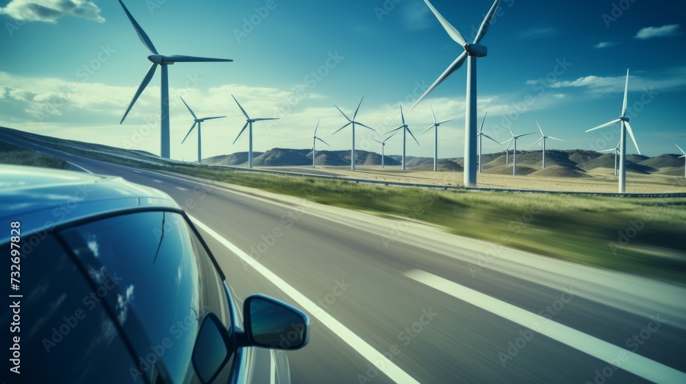 Poster a view from a passing car of wind turbines in a field.