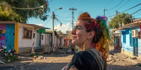 Young woman with colorful hair exploring the barrio filled with colorful buildings 