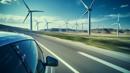 A view from a passing car of wind turbines in a field.