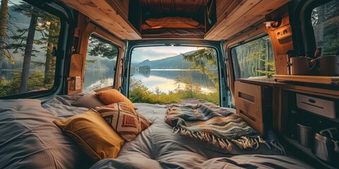 Living in a van down by the river. View from inside vandwelling - obrazy, fototapety, plakaty