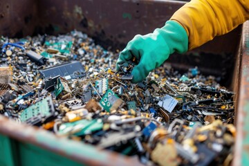 A worker's hand sorting through electronic waste at a recycling facility, highlighting the importance of e-waste management. - obrazy, fototapety, plakaty