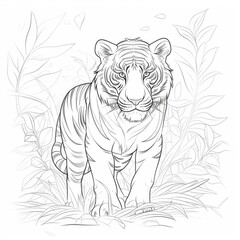  A black and white drawing for a children's coloring book. A tiger in the jungle.