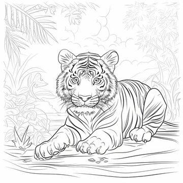  A black and white drawing for a children's coloring book. A serious tiger, lying on the grass.

