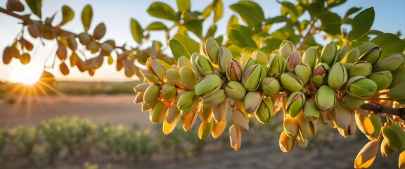 Sunset Bounty Pistachios Glistening on a Tree Branch under the Evening Sky