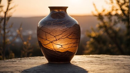 kintsugi pot in the sunset background