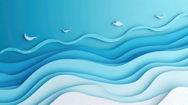 Blue sea and beach summer banner background with abstract ripple paper cut style
