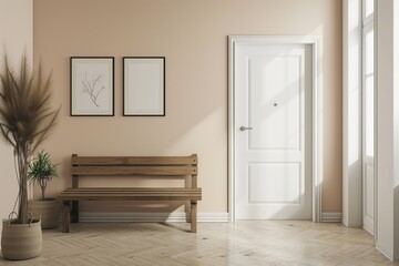 Minimalist corridor with pastel walls, a wooden bench, potted plants, and framed artwork, conveying a serene and welcoming atmosphere.