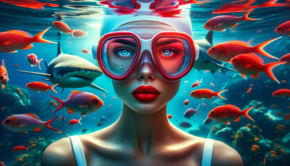 Surreal underwater portrait of a woman with vibrant red lips and large diving goggles, surrounded by colorful fish and a looming shark above.Portrait concept. AI generated.