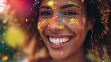 Cheerful young woman with curly hair celebrates Holi, her face and hair dusted with vibrant colored powders under a sunny sky
