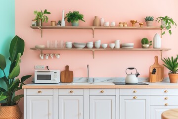 Bright and airy minimalist kitchen with soft pastel pink walls, wooden countertops, and open shelving adorned with plants and neatly arranged kitchenware.