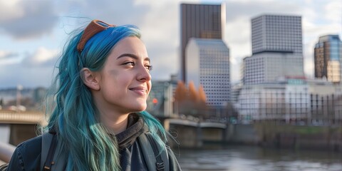 Young woman with blue hair exploring the city with Portland in the background