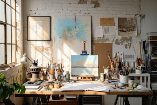 Artist's studio bathed in natural light, featuring a canvas on an easel, paintbrushes, and a creative atmosphere with a backdrop of a white brick wall.