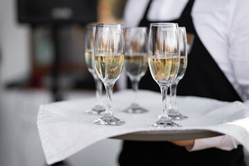 the waiter holds champagne glasses on a tray