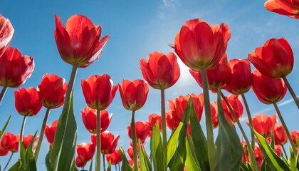beautiful red tulips against a blue cloudless sky on a bright sunny day low angle view