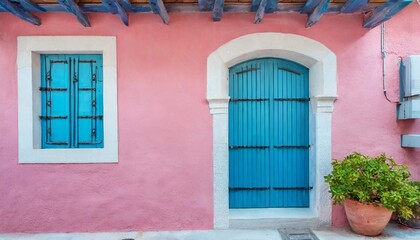 Fototapeta na wymiar pink wall of a house with blues windows in la provence village colorful sights in french style south korea