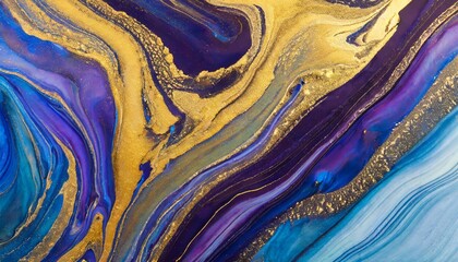 banner with fluid art texture backdrop with abstract mixing paint effect liquid acrylic artwork that flows and splashes mixed paints for interior poster blue gold and purple colors