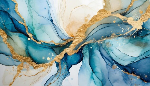 watercolor alcohol ink abstract painting with fluid lines and shapes predominantly in blue and gold tones exuding a dreamy ethereal quality