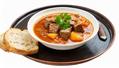 hungarian goulash soup with beef chunks and bread isolated on transparent background
