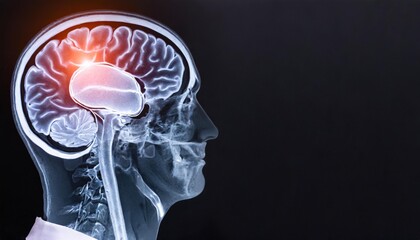 banner mri of the brain of a healthy person on a black background with gray backlight on the left place under the advertising inscription