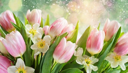 blossoming light pink tulips and spring flowers festive background bright springtime bouquet floral card