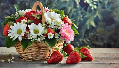 Obraz na płótnie Canvas basket of flowers and strawberry