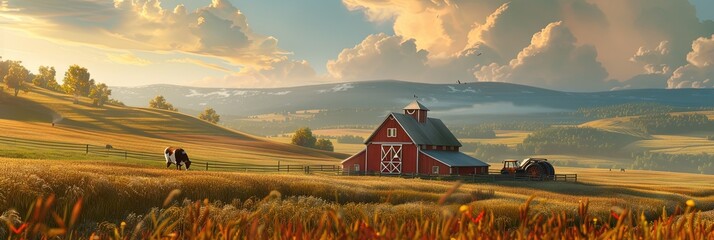 Commercial farm with crops and barn outside farmhouse concept - obrazy, fototapety, plakaty
