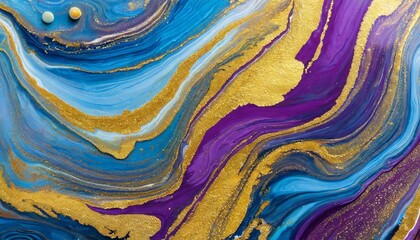 banner with fluid art texture backdrop with abstract mixing paint effect liquid acrylic artwork that flows and splashes mixed paints for interior poster blue gold and purple colors