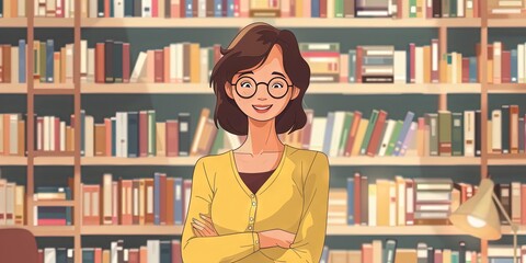 Friendly female librarian standing inside library against shelves filled with books - obrazy, fototapety, plakaty