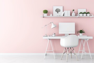 A pastel pink and white home office setup with a modern minimalistic design, including a clean desk, ergonomic chair, and decorative shelving with plants.
