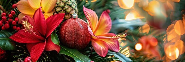 Hawaiian christmas concept with tropical background and holiday lights/ornaments - obrazy, fototapety, plakaty