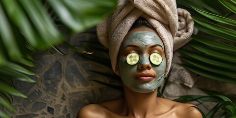 Spa day - woman with mud mask and her hair wrapped in a towel for a relaxing mental health...