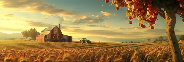 Commercial farm with crops and barn outside farmhouse concept - obrazy, fototapety, plakaty