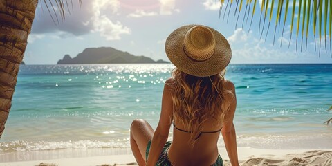 Woman on a tropical summer vacation. Exotic outdoor beach trip to an island vacation