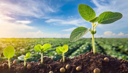 soybean growth in farm with blue sky background agriculture plant seeding growing step concept - obrazy, fototapety, plakaty