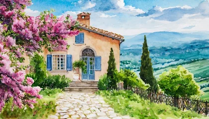 Foto op Canvas watercolor house cute summer house old building and blooming garden vintage house and blossom tree provence france or tuscany italy illustration in watercolor style © Alexander