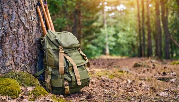 travel camping backpack or military hunting bag with sticks leaning against a tree on the forest floor travel hiking and camping concept copy space for text high quality photo