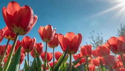 beautiful red tulips against a blue cloudless sky on a bright sunny day low angle view